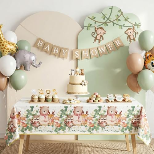 Image of 3 Pack Plastic Safari Baby Shower Tablecloth, 54 x 108 Inch Disposable Woodland Forest Animal Neutral Gender Reveal Party Eucalyptus Leaves Table Cover for Forest Birthday Friendship Party Decor