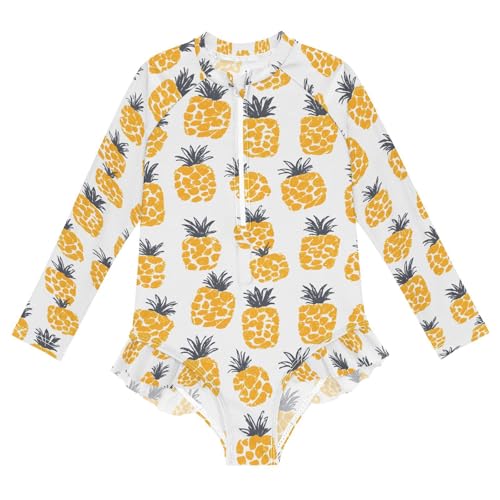 ALAZA Yellow Pineapple White Girls One Piece Swimsuit Long Sleeve Rash Guard Swimsuits UV 50+ Swimwear Zipper
