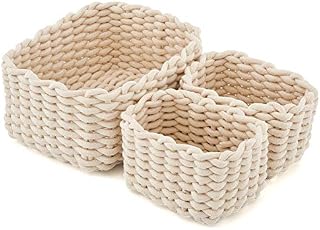 EZOWare Set of 3 Soft Cotton Rope Basket Bin Boxes, Natural Woven Storage Organizer for Nursery, Home Decor, Closet, Toys - Ivory White