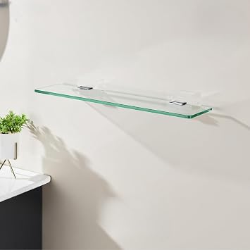 Glass Bathroom Shelf Wall Mounted 25CM Tempered Glass Stainless Steel Tempered Transparent Glass with Chrome Bracket for Bathroom Bedroom Kitchen (2PC)
