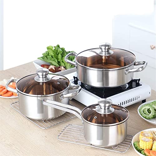 Juego de 3 ollas antiadherentes de acero inoxidable grueso para freír/leche, tapa de vidrio, cocina de gas, cocina de inducción, 3 unidades