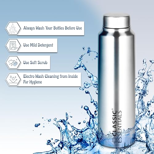Image of CLASSIC ESSENTIALS Stainless Steel Spring Water Bottle 1 Litre Each Pack of 6 | Leak Proof Steel Water Bottles | Rust Resistant Reusable Bottles for Home, Office, School & Gym | Silver