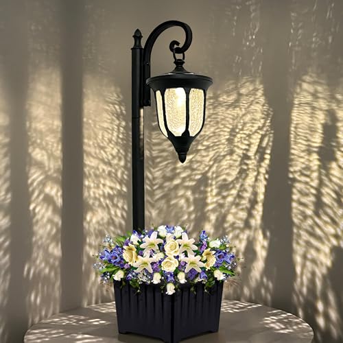 Yonaveil Solar Lamp Post Light with Planter, Outdoor Solar Lights with Crackle Glass, Matte Black Outdoor Flower Pots, 2 in 1 Solar Post Lights Waterproof for Porch Garden Patio