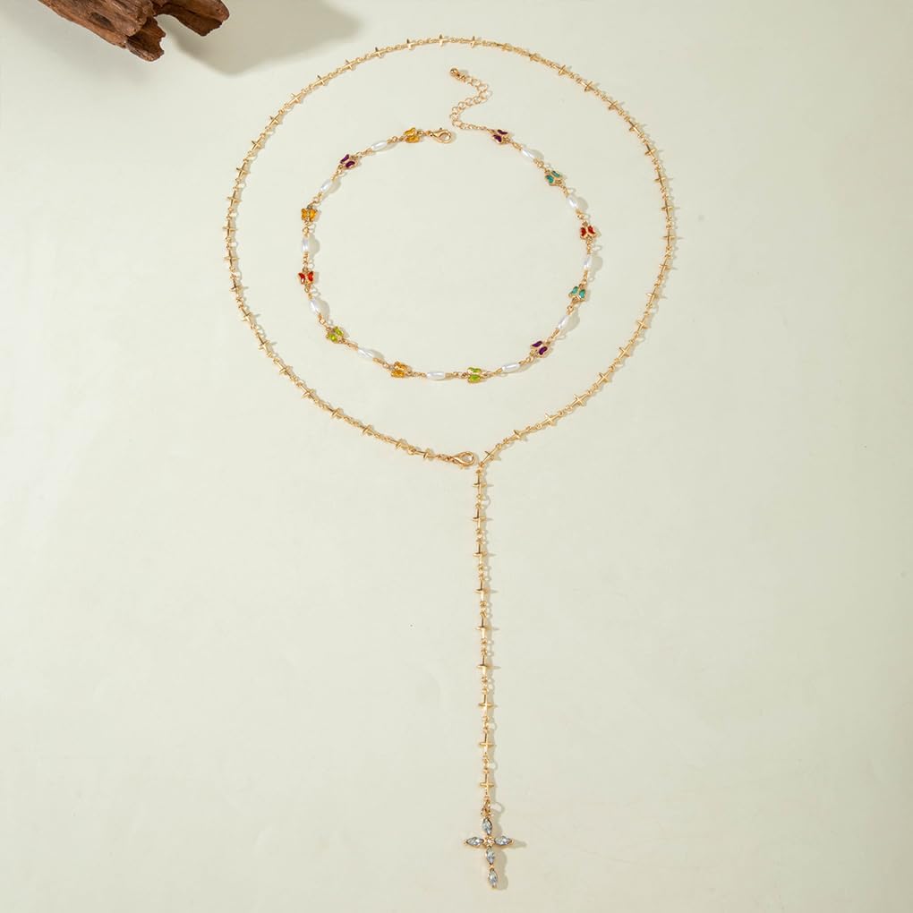 Layered Gold Cross Long Necklace for Women Trendy Rhinestone Pearl Lariat Choker Necklace Dainty Fashion Religion Crucifix Jewerly - Image 3