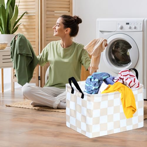 Image of MAIZMZ Beige Check Storage Basket Baby Toys Organizer Bins Decorative Gifts Bakset Waterproof Nursery Hamper Women Storage Cube Kids Laundry Basket for Home /Dorm /Kitchen /Pet /Office /Closet /Shelf /