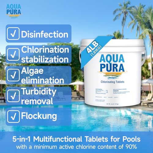 Image of Aqua Pura 2-Pack 3 inch Chlorine Tabs, Swimming Pool, Hot Tubs & Spa, Small Pool Sanitizer, Long-Lasting Stabilized, Sanitizes - Slow Dissolving, 4 lbs