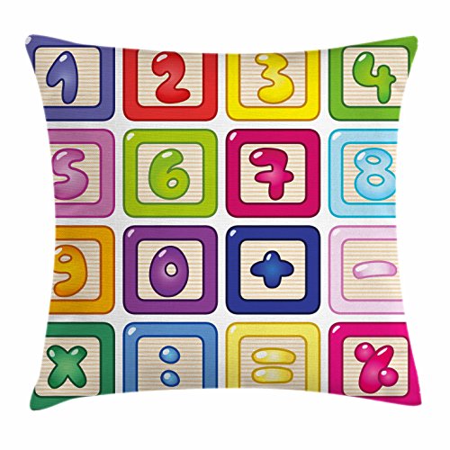 Lunarable Mathematics Room Throw Pillow Cushion Cover, Vibrant Colorful Number Blocks and Operations, Decorative Square Accent Pillow Case, 36