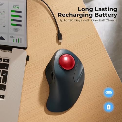 Image of Ergonomic Wireless Trackball Mouse for Wrist Comfort, Bluetooth & USB Receiver, Rechargeable Rollerball Mouse with 44mm Index Finger Trackball, 5 DPI Levels, Multi-Device for PC, Mac, Laptop