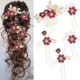5 Pcs Bridal Flower Wedding Hair Pins Crystal Pearl Rhinestone Burgundy Flower Hair Clips Headpiece Wedding Hair Accessories Jewelry for Brides Bridesmaids Women Girls