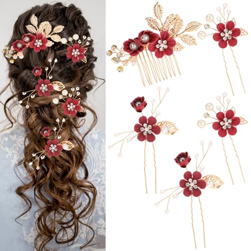 5 Pcs Bridal Flower Wedding Hair Pins Crystal Pearl Rhinestone