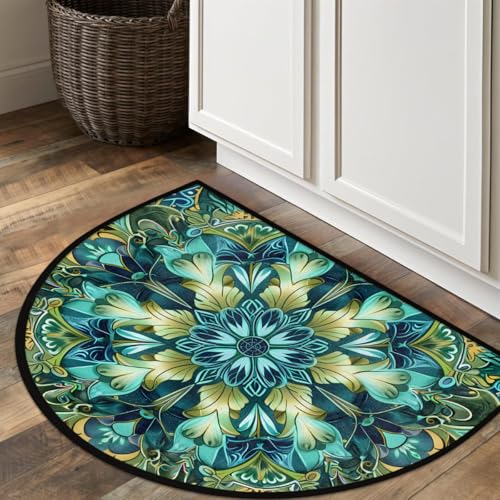 Image of cfpolar Half Round Door Mat Turquoise Mandala Flower Non-Slip Semi Circle Area Rug Washable Half Moon Hearth Rugs for Indoor Outdoor Bathroom Kitchen Patio Runner Mat Laundry Room Home Decoration