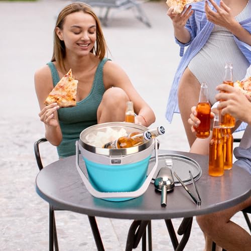 Cubo de hielo de acero inoxidable de 256 oz con tapa y cuchara para fiestas 8