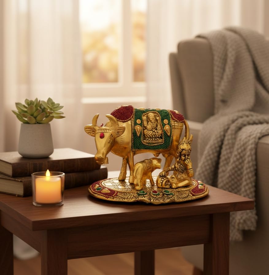 Image of KridayKraft Kamdhenu Cow,Calf with Bal Gopal Krishna Metal Statue for Good Luck,Feng Shui As Table Top Figurine,Vastu,Religious Gau MATA Idol Home,Office&Table Decorative,Animal.