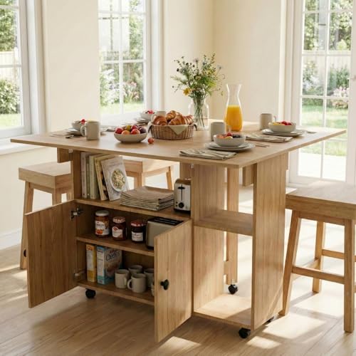 Image of FFO Folding Foldable Dining Table 4 Seater for Home | Space Saving Dining Table with Storage Space and Wheels | DIY