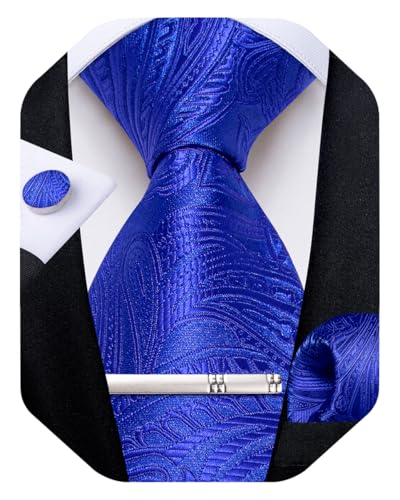 Image of DiBanGu Paisley Ties for Men Silk Necktie and Pocket Square Cufflinks Tie Clip Set Woven Classic Mens Tie for Wedding Party