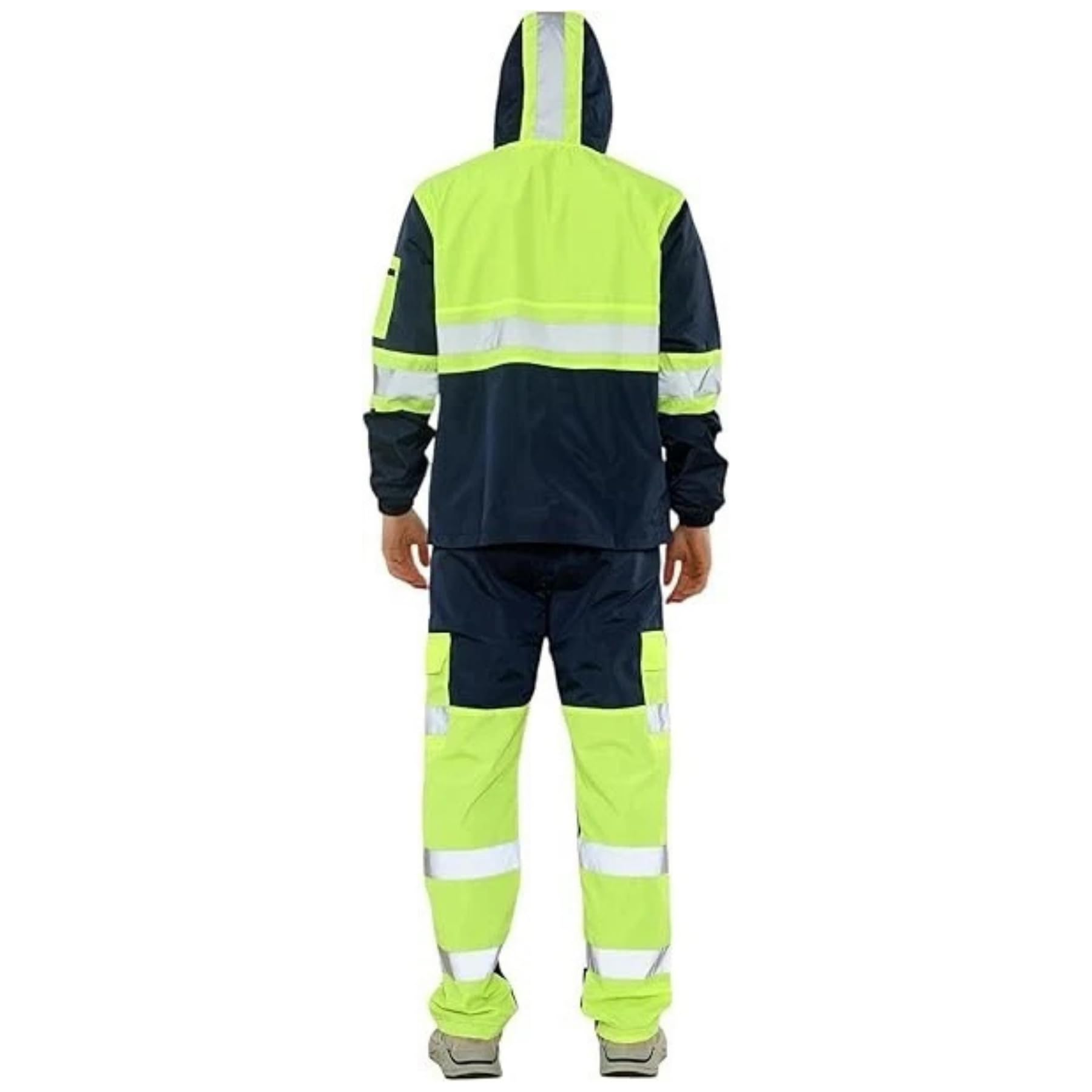 janisramone Męski dres odblaskowy o wysokiej widoczności, bluza z kapturem z długim rękawem, zapinana na zamek błyskawiczny, spodnie z elastyczną talią, deszcz, bezpieczna odzież robocza, wodoodporna