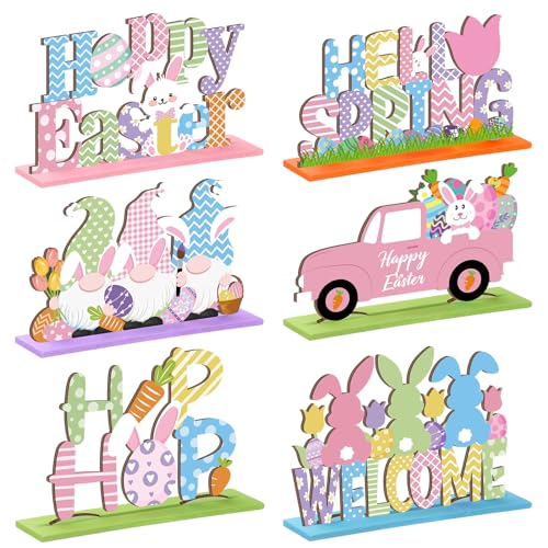Hoolerry 6 Pcs Easter Wooden Table Sign, Table Centerpieces Tabletop Centerpiece Signs for Dinner Party Indoor Decoration