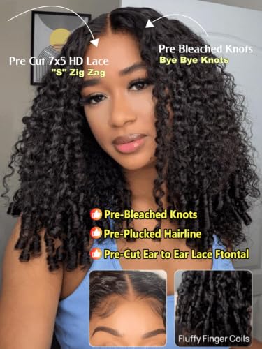 Image of Sunber Curly Texture Premium Hair Wig With Finger Coil Ends Bye Bye Knots 7x5 HD Lace Pre Bleached Invisible Knots 150% Density Pre Cut Lace Put On and Go Glueless Curly Wigs for Beginner 24Inch