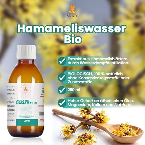 Snadi - 250 ml - Hamameliswasser - BIO. Hamamelishydrolat behandelt Krampfadern und wirkt als heilendes, entzündungshemmendes und feuchtigkeitsspendendes Mittel für die Haut.