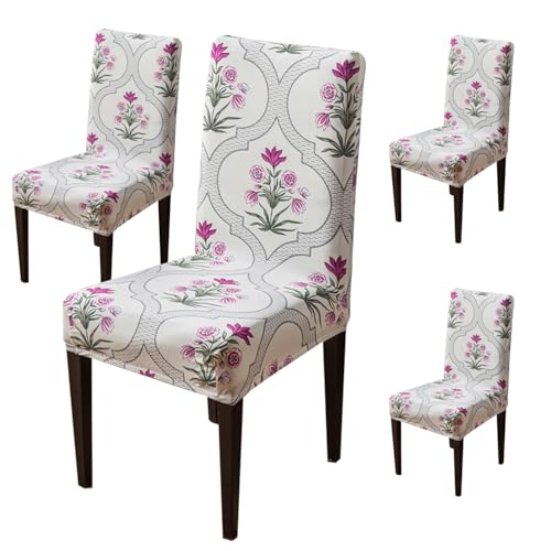 Image of House of Quirk Elastic Chair Cover Stretch Removable Washable Short Dining Chair Cover Protector Seat Slipcover (Pack of 4, Mughal Buta)