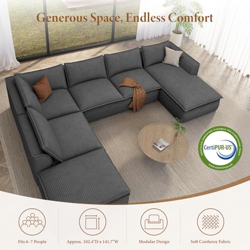 Image of Vesgantti 141.7 inch Oversized Sectional Boneless Sofa with Chaise, 7 Seat Corduroy Modular Couch with Ottoman, Convertible Deep Seat Cloud Sofa for Living Room, No Assembly Required, Dark Gray