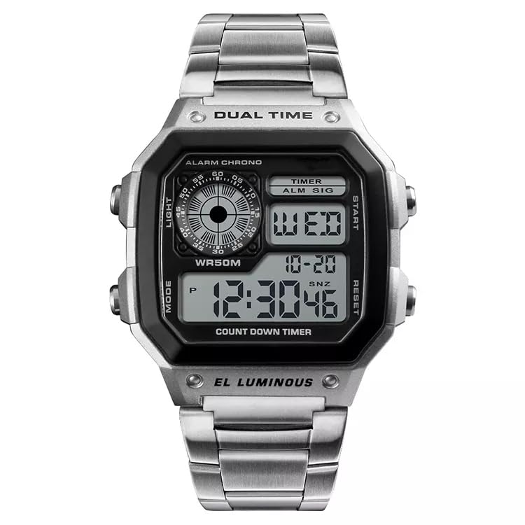 Digital Sports Square Black Dial Stainless Steel Strap Unisex Watch (Black Dial & Silver Colored Strap) -W53-image-34