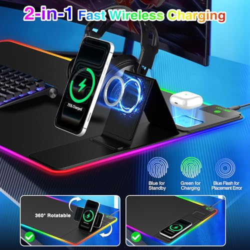 Image of RGB Gaming Mouse Pad with Magnetic Wireless Charging & Foldable Phone Stand | 31.5 inchx15.8 inch XXL Large LED Mousepad with Stitched Edges, Ultra-Smooth Waterproof Surface, 25 Lighting Effects, Non-Slip Base