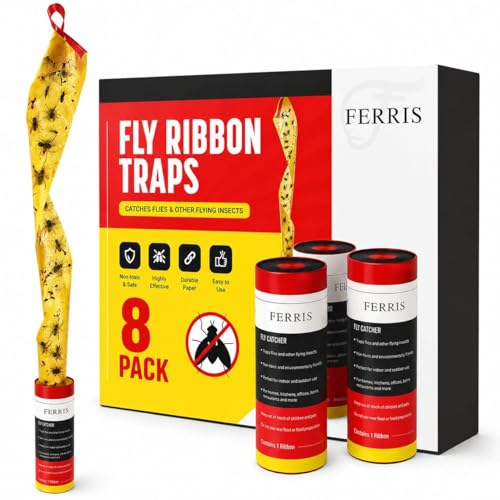 FERRIS 8 Pcs Pesticide Free Sticky Fly Catcher Traps Super Sticky Fly Paper Strips for Fruit Flies Mosquitoes Gnats Wasps and Flying Insects Indoor Outdoor Home Kitchen Garden