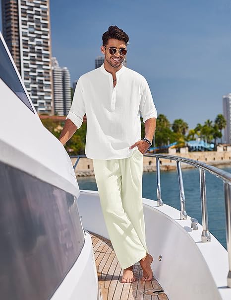 Image of CB-COLEBROOK Mens Casual Linen | Elastic Waist | Drawstring Summer Beach Yoga Linen Trouser | Loose Fit Pyjama Pants for Man