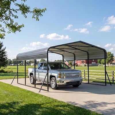 10x15 FT Metal Carport with 4 Reinforced Support Rods, Heavy Duty Frame & Galvanized Steel Roof Carports for All-Weather Protection, Outdoor Carport Garage for Car, Boat, Tractor, and Party Use