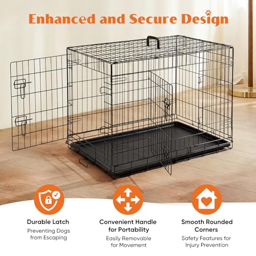 Image of Sweetcrispy 36 Inch Dog Crate, Medium Dog Cage, Foldable Puppy Pet Kennel | Double Door, Metal Kennel, Secure Lock, Removable Tray, Indoor Outdoor Training Travel