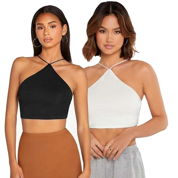 Image of SriSaras Women's Black & White Cotton Strechable Tank Tops /Crop Tops