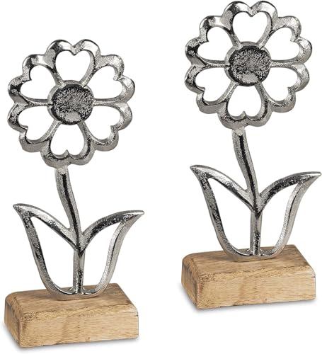 Generisch 2er Set Blume | Aluminium auf Holzsockel | 20x9 cm | Dekofigur Metalldeko Figur | Blumen