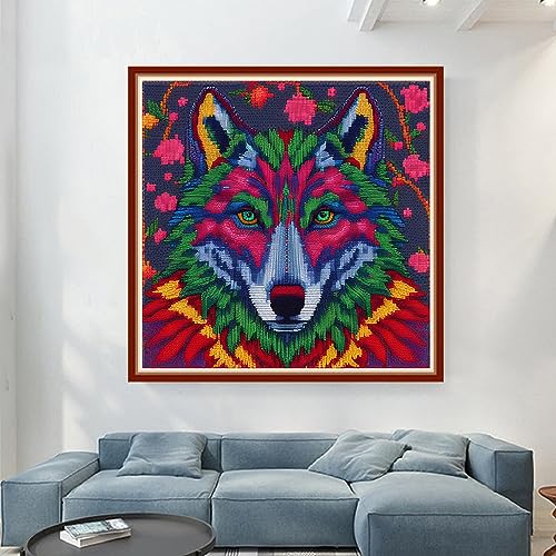 Image of Dimensean Stamped Cross Stitch Kits Full Range of Embroidery Patterns Starter Kits for Beginners Adult DIY Cross Stitches Needlepoint Kits 11CT-Magic Wolf 17.7x17.7 inch