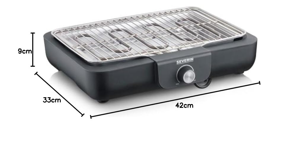 SEVERIN PG 8554 grill stołowy z rusztem do grillowania ze stali nierdzewnej, do użytku wewnątrz i na zewnątrz, 2300 W, 37 x 29 cm, regulacja temperatury, sterowany termostatem, czarny, PG 8554