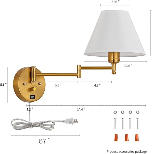 Miniatura 4 de Apliques de pared con brazo oscilante, lámpara de pared enchufable, lámpara de pared para dormitorio, pantalla de tela blanca, con interruptor