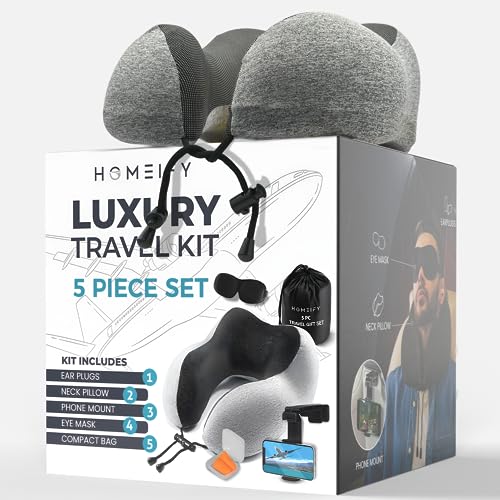 Airplane-Neck-Pillow-Includes-Travel-Pillow-Airplane-Phone-Holder-Mount-Eye-Masks-Earplugs-for-Travel-100-Pure-Memory-Foam-Travel-Pillow-5-Pc-Travel-Kit