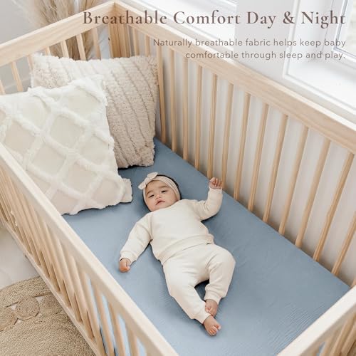 Image of Konssy Muslin Crib Sheets 2 PCS, 100% Cotton Baby Crib Sheets for Standard Crib Mattress (28 inchx 52 inch), Soft and Breathable for Boys, Girls (Blue Whale,Blue)