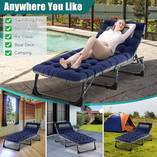 Obqer Folding Lounger, 200KG Belastbarkeit Klappbett Gästebett mit Matratze, Seitentaschen und Kopfstütze, verstellbare Rückenlehne, einfach zu montieren, geeignet für Garten, Sonnenbaden, Büro