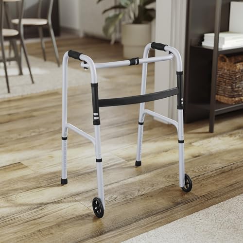 BizChair Hercules Folding Walker, Height Adjustable Frame, Interchangeable Wheels or Feet, Dual Frame Types, Lightweight Design, Silver/Black