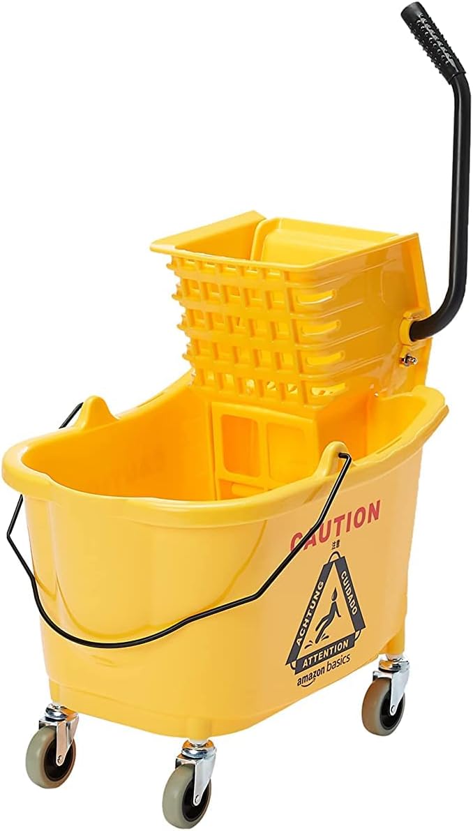 Amazon Basics Commercial Side Press Wringer Floor Cleaning Mop Bucket on Wheels, 35-Quart, Yellow