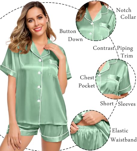 Image of LecGee Womens Silk Satin Pajamas Short Sleeve Loungewear Two-Piece Sleepwear Button-Down Pj Set Avocado Green X-Large