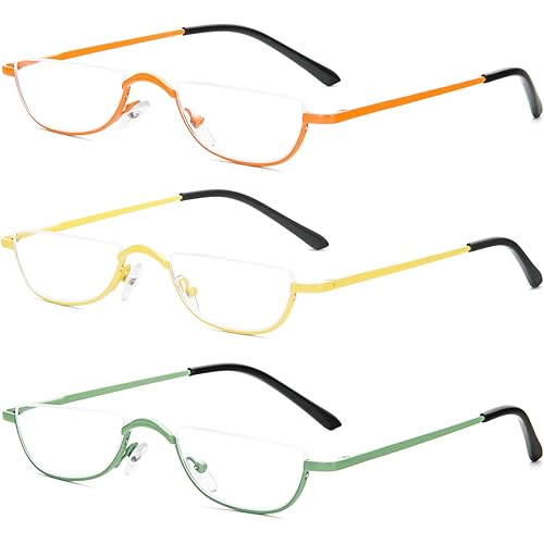 KoKoBin Half Reading Glasses - Half Rim Metal Frame Glasses Spring Hinge Readers with Leather Pouch for Men and Women