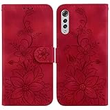 LMFULM® Hülle für LG Velvet G900/G910 (6,8 Zoll) PU Leder Magnet Brieftasche Lederhülle Lotus Drucken Tasche Flip Cover Ledertasche Stent-Funktion Hülle Rot