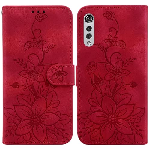 LMFULM® Hülle für LG Velvet G900/G910 (6,8 Zoll) PU Leder Magnet Brieftasche Lederhülle Lotus Drucken Tasche Flip Cover Ledertasche Stent-Funktion Hülle Rot