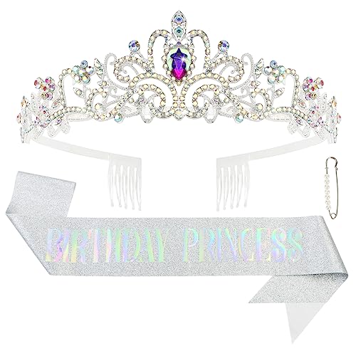 CIEHER Princess Crown &amp; Sash Set - Birthday Tiara for Girls &amp; Women, Perfect for Princess Birthday Gifts
