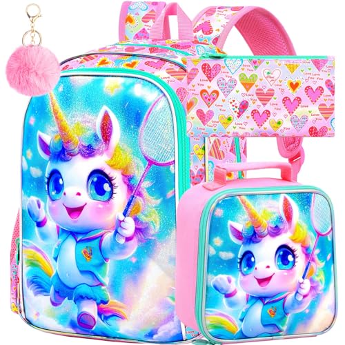 Image of 16 inch Unicorn Backpack, 3Pcs Girls School Bookbag Set with Lunch Box,Kids Backpacks for Elementary Preschool Kindergarten (Pink)