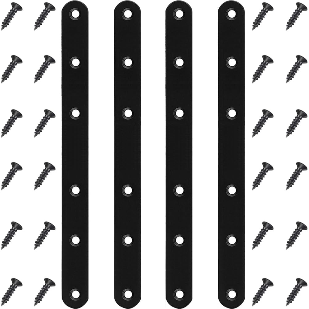 4 Pcs Black Flat Bracket 8 Inch Stainless Steel Straight Braces, Mending Plates Repair Fixing Brackets Heavy Duty Straight Repair Joining Plates with Screws