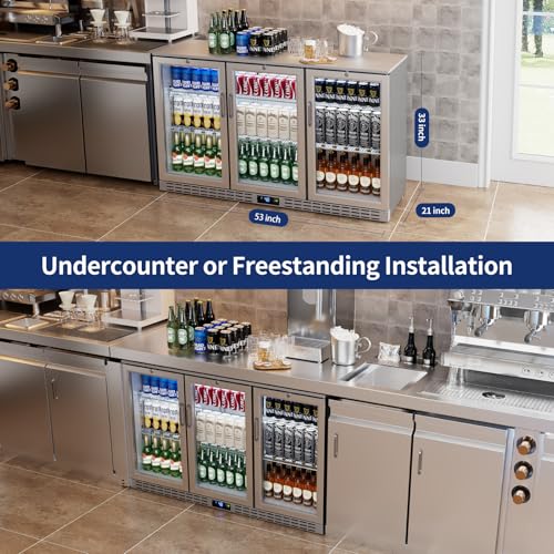 Image of 53 inch 11.7 cu.ft Back Bar Cooler Commercial Counter Height Beverage Refrigerator with 3 Glass Doors & LED Lighting, Stainless Steel Beer Fridge for Home Bar Restaurant, Sliver, 115V, ETL Approved