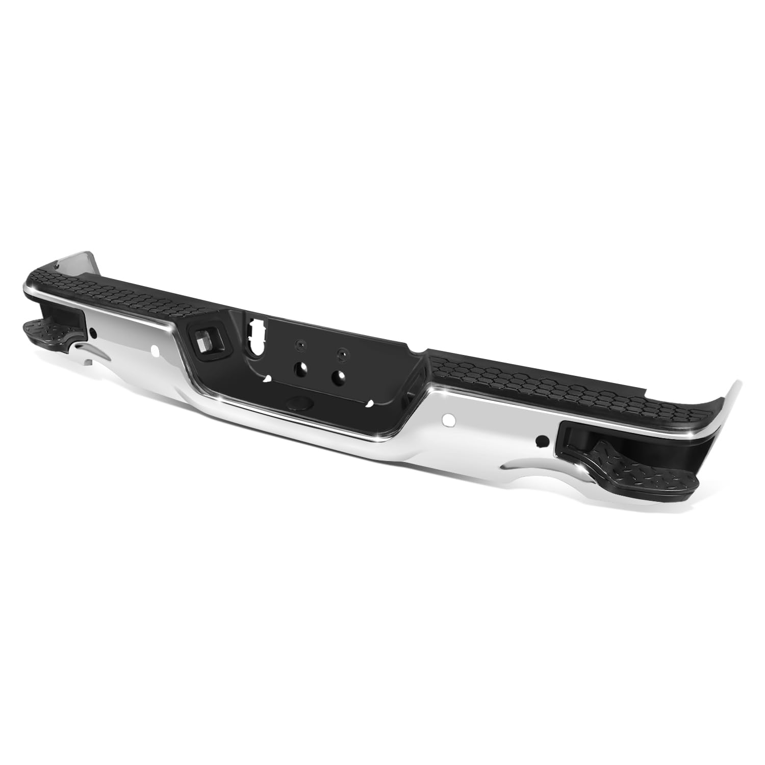 Auto Dynasty Rear Step Bumper Assembly Compatible with 09-10 Dodge Ram 1500, 11-18 Ram 1500, 19-23 Ram 1500 Classic, w/Park Sensor & Dual Exhaust Cutouts, Step Pad, License Plate Light, Chrome